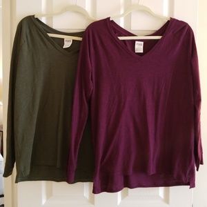 Pink v-neck long sleeve shirts